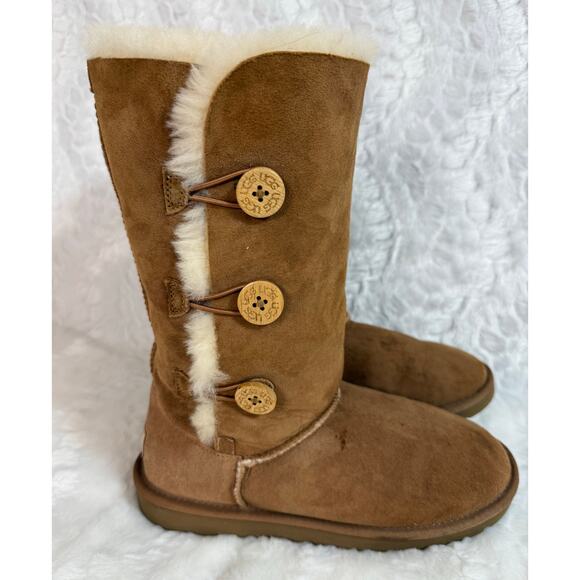 UGG Australia Bailey Triple Button Snow Boots Brown Leather Fluffy Tall Size 6 - Picture 3 of 14